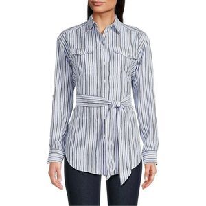 Lauren Ralph Lauren Striped Button Up Belted Linen Tunic